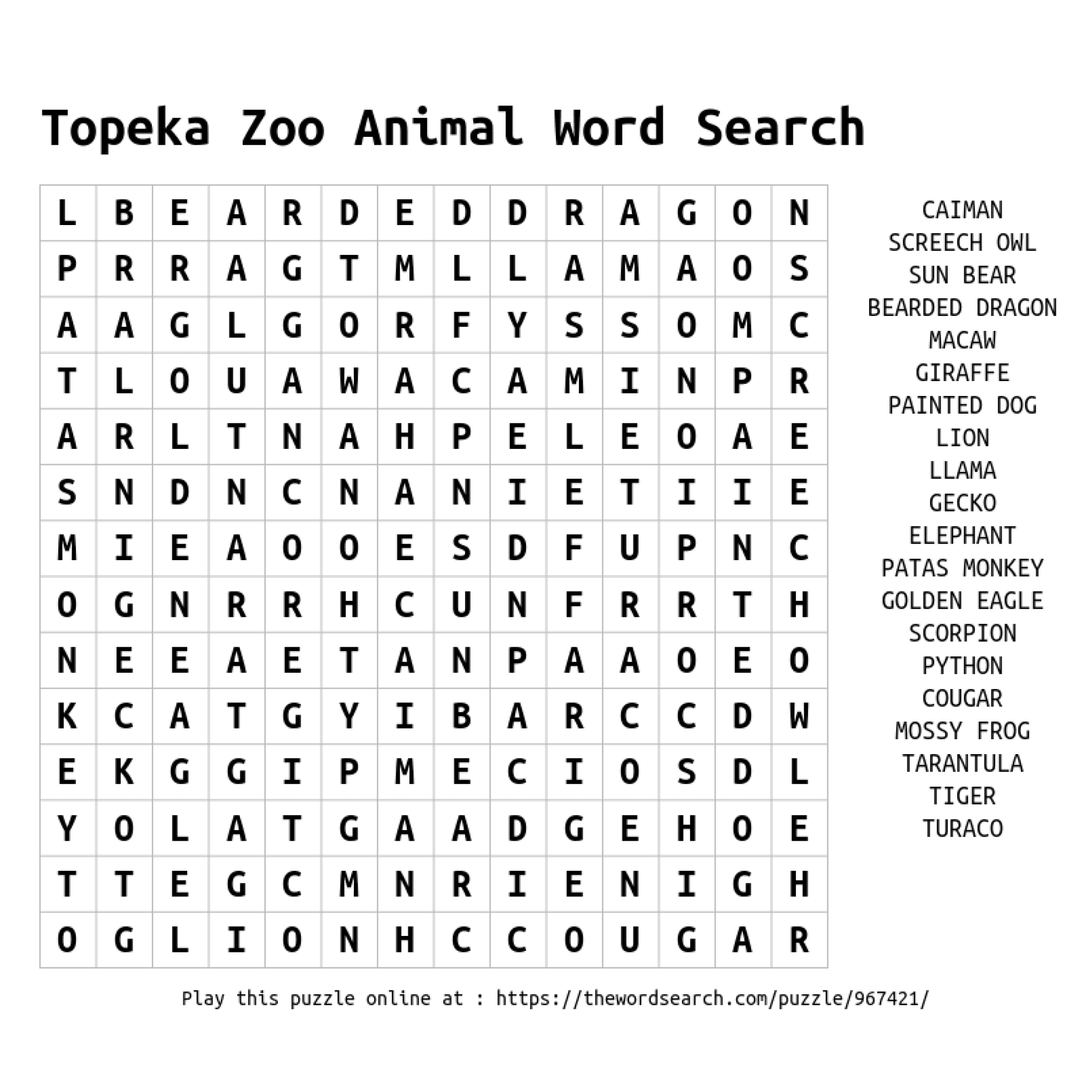 Topeka Zoo Word Search
