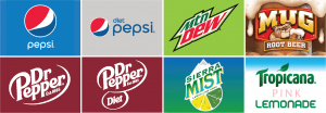 Pepsi, Diet Pepsi, Mountain Dew, Mug Rootbeer, Dr. Pepper, Diet Dr. Pepper, Sierra Mist, Tropicana Pink Lemonade