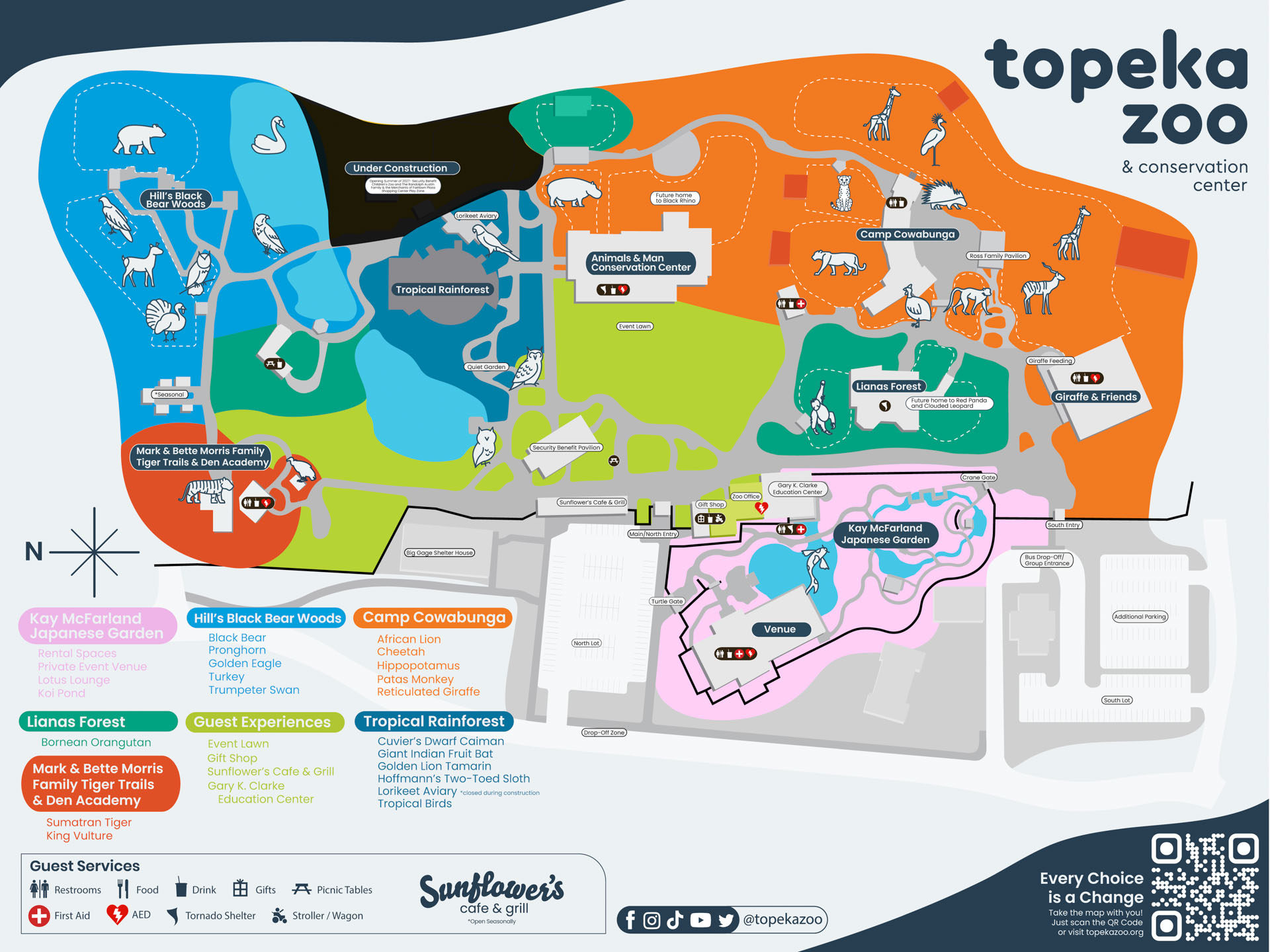 Illustrated visitor map of the Topeka Zoo and Conservation Center showing entrances, parking, animal areas, guest services, event spaces, pathways, construction zones, and future exhibits. The main and north entrance is near the center bottom of the map, with the south entrance and additional parking toward the lower right. Animal areas include Hill’s Black Bear Woods in the northwest, Tiger Trails in the southwest, the Tropical Rainforest near the west-central area, Camp Cowabunga and Giraffe & Friends in the northeast, Lianas Forest east of center, and the Kay McFarland Japanese Garden and private event venue in the southeast. Guest services shown include restrooms, food, drinks, gifts, picnic tables, first aid, AED locations, tornado shelters, and stroller or wagon access. A detailed text description of map destinations and services follows.